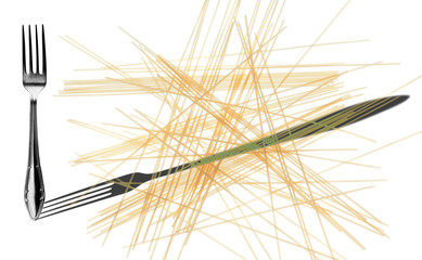 Obraz premium spaghetti and fork and shadow reversed, isolated on a white