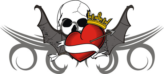 heart winged bat skull tattoo tshirt in vector format
