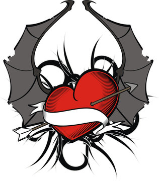 heart winged bat tattoo tshirt vector