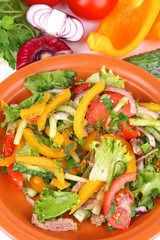 Beef salad on plate with vegetables close up