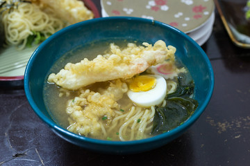 Delicious Japanese Udon noodles soup cuisine with egg
