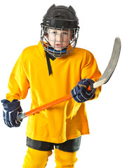Young hockey player with rised stick and angry face