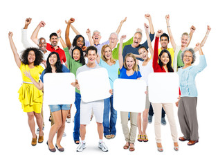 Fototapeta premium Group of People Holding 4 Empty Placards