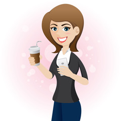 cartoon cute girl with cup of coffee and smart phone