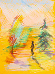 Fototapeta na wymiar children drawing - woman in yellow autumn forest