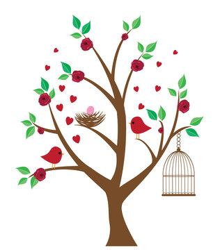 vector tree with bird nest, cage, birds