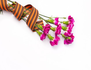 military greeting card with flowers and St. George Ribbon on whi