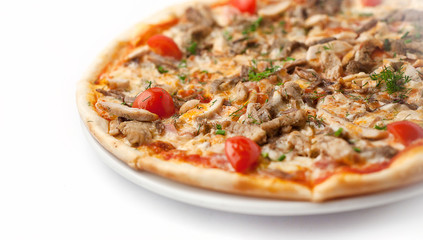 pizza with meat and cherry