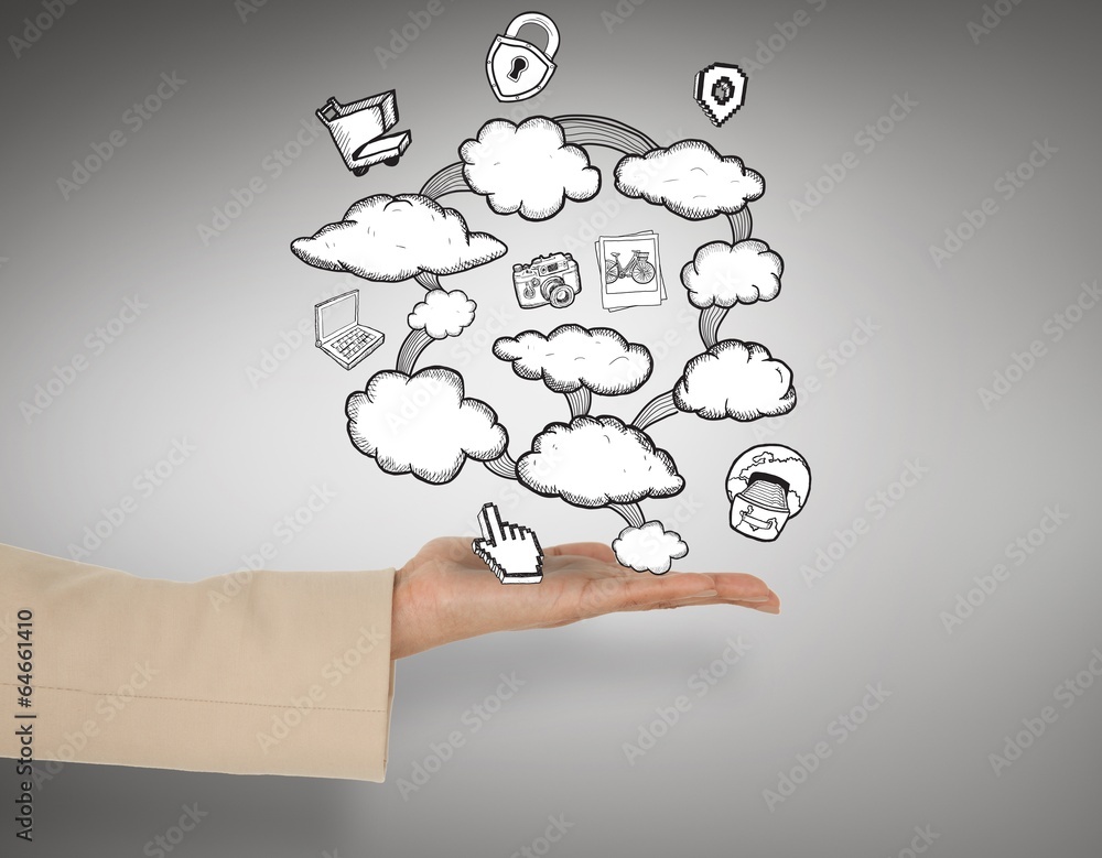 Poster Composite image of female hand presenting cloud computing graphi