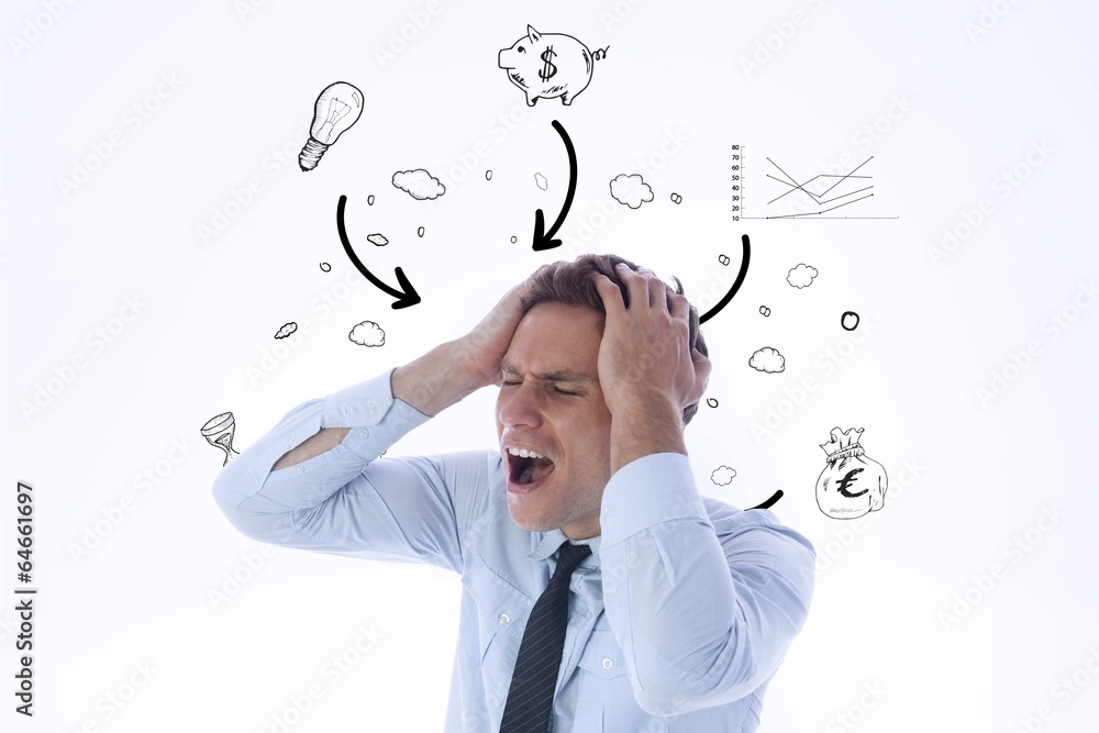 Poster composite image of stressed businessman with hands on head