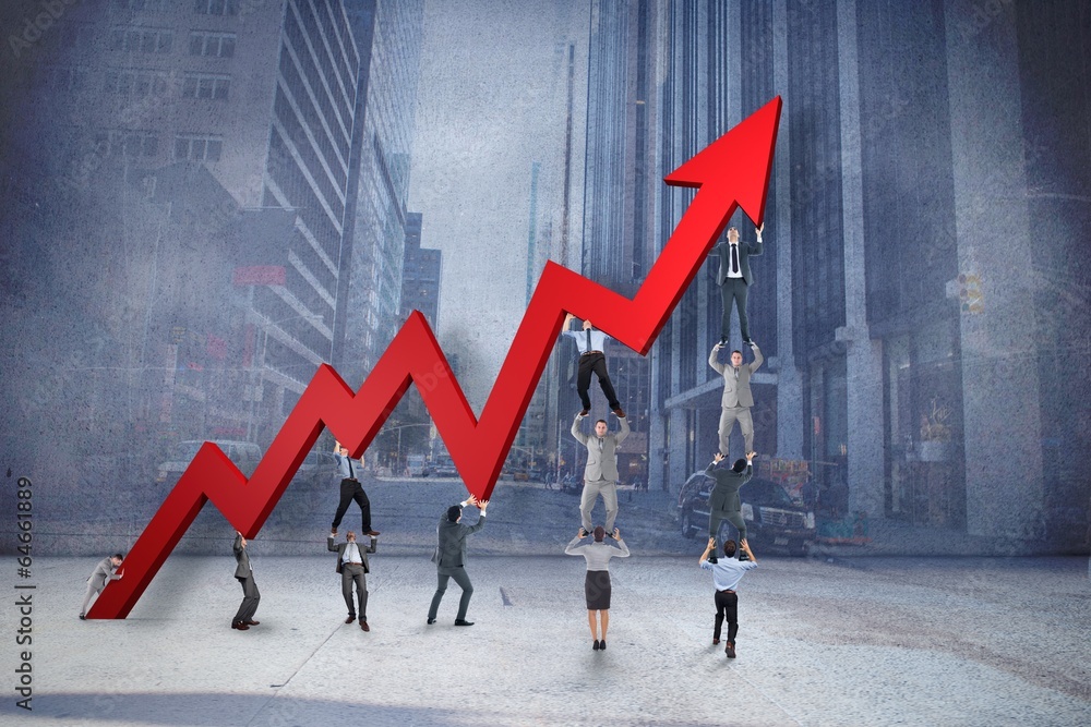Poster composite image of business team holding up arrow
