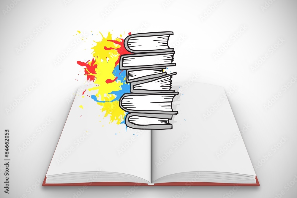 Aufkleber Composite image of pile of books on paint splashes on open book
