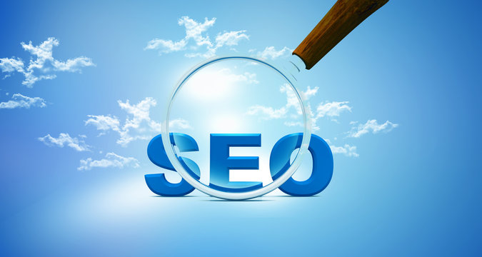 seo and magnifying glass on sky background .