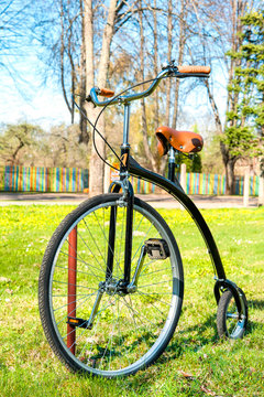 Retro, old style bicycle in the sunny spring green park.