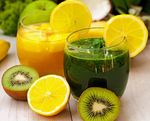 Green smoothie with fresh fruit and vegetable