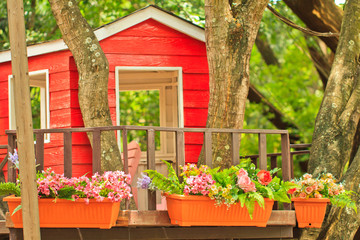 Fototapeta na wymiar Small house on the tree top and flowers