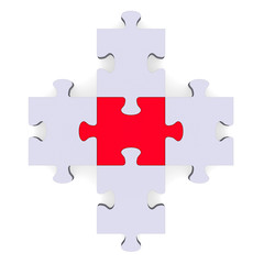 3d grey puzzle forming plus symbol, red center