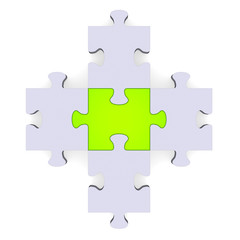 3d grey puzzle forming plus symbol, green center