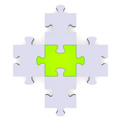 3d grey puzzle forming plus symbol, green center
