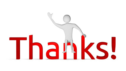 3d man sitting on thanks text waving his hand
