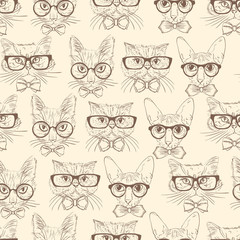 Cat hipsters seamless pattern