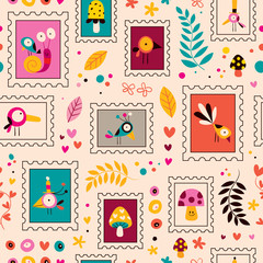 flowers, birds, mushrooms & snails characters nature pattern