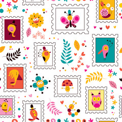 flowers, birds, mushrooms & snails cute characters pattern