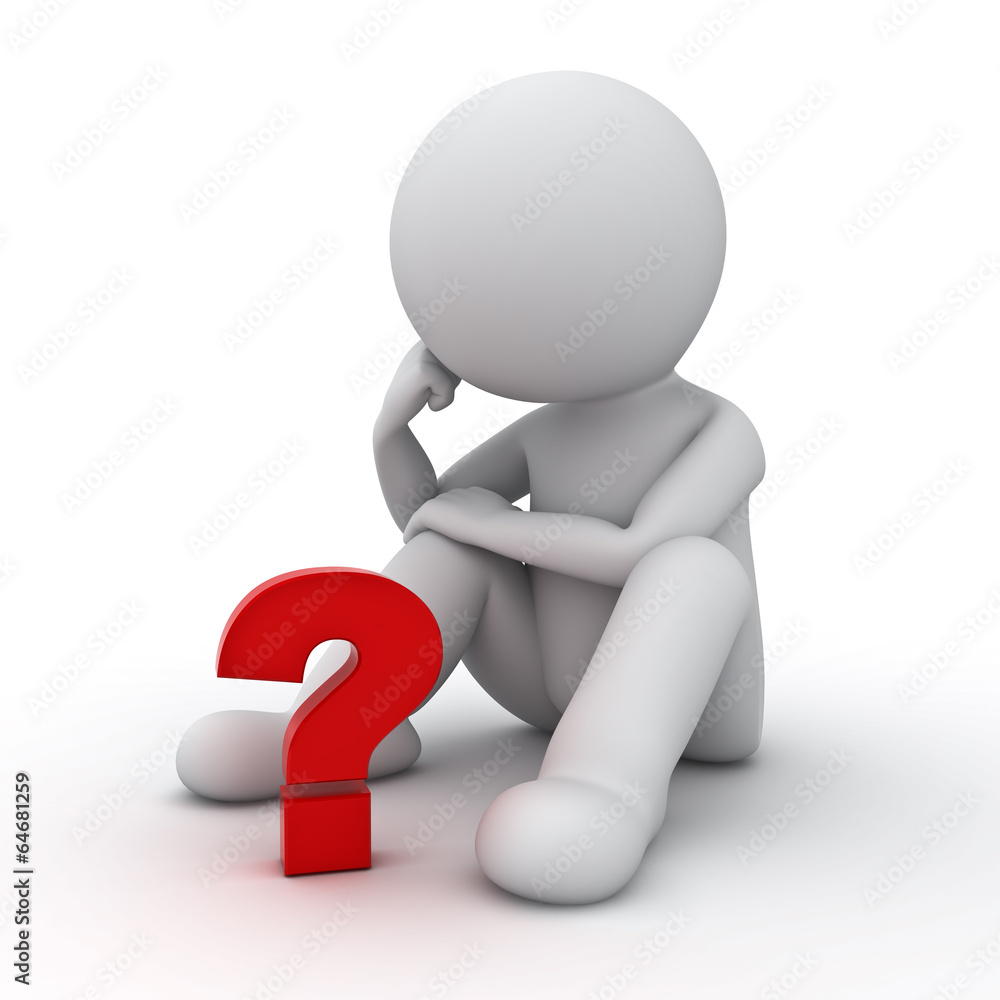 Poster 3d man sitting and thinking with red question mark on white