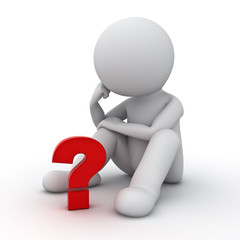 3d man sitting and thinking with red question mark on white