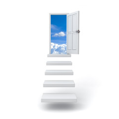 Step up the ladder to the sky door over white background