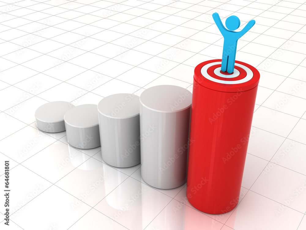 Poster man standing on top of growth business graph with target