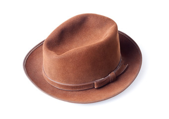 brown male felt hat isolated on white background