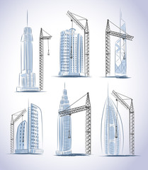 Skyscrapers buildings construction icons set