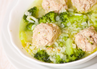Soup with meatballs, rice and vegetables