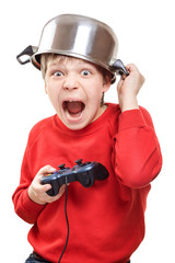 Shouting boy with gamepad in hands © Bondarau