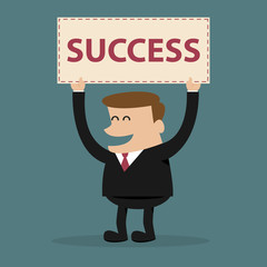Happy businessman holds a sign with SUCCESS text