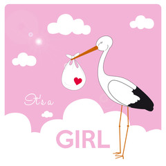 it's a girl announcement, stork is carrying a baby girl