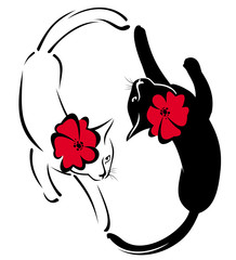 black and white cats with flowers