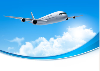 Naklejka na ściany i meble Travel background with an airplane and white clouds. Vector.