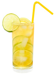 Lemonade with lime and ice cubes