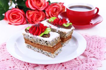 Tasty cakes on table close-up
