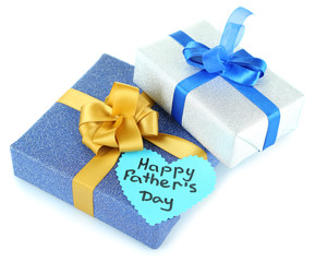 Happy Fathers Day tag with gift boxes, isolated on white