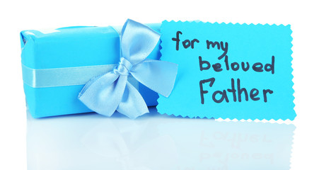Happy Fathers Day tag with gift box, isolated on white