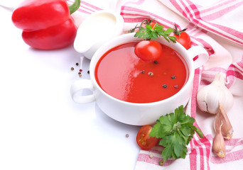 Tasty tomato soup and vegetables, isolated on white