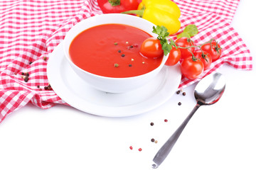 Tasty tomato soup and vegetables, isolated on white