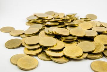 Gold coins on white background