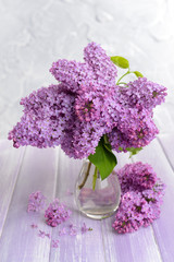 Beautiful lilac flowers in vase on table on light background