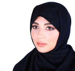 Beautiful muslim arabic woman on grey background