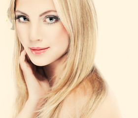 Naklejka premium portrait of whiteheaded young woman with blue eyes on white 