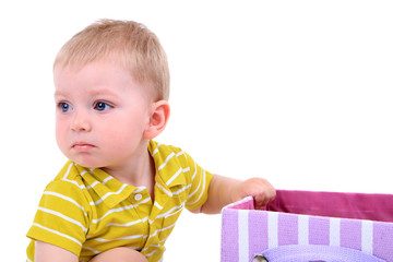 Cute little boy with textile box isolated on white